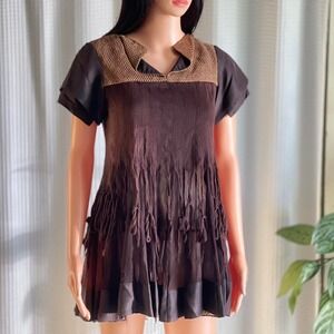 NWT Vintage Y2K ANAMIKA Sheer Brown Fringe Tunic Top Short Sleeve Boho US Size 6